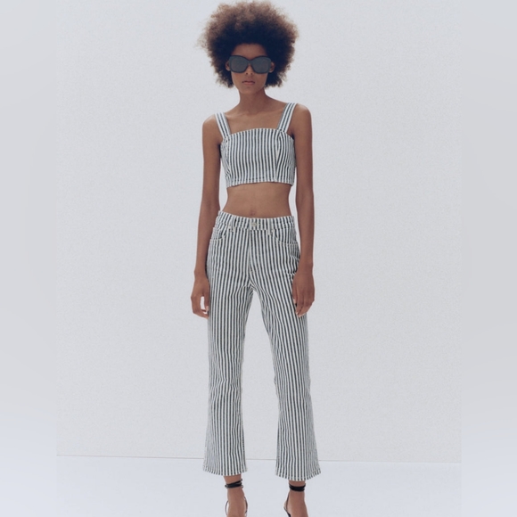 ZARA Thick Strap Striped Denim Crop Top - Picture 3 of 8